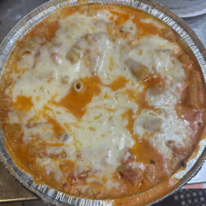 Baked Ziti with marinara sauce, ricotta cheese, and melted mozzarella.