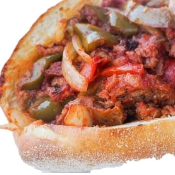 Sausage and Pepper Hero with sautéed green and red peppers on a freshly baked roll.