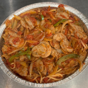 Sausage and Peppers Dinner with sautéed green and red peppers, served with a choice of spaghetti, ziti, or gluten-free ziti.