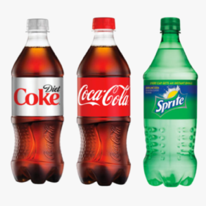 A lineup of 20oz bottles of Coke, Diet Coke, Sprite, and Poland Spring water.