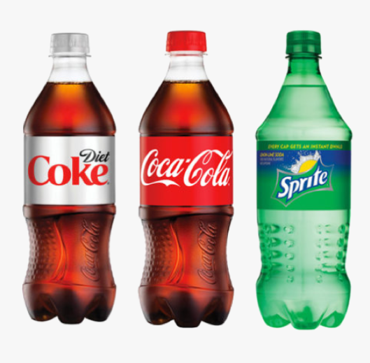 A lineup of 20oz bottles of Coke, Diet Coke, Sprite, and Poland Spring water.