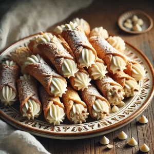 Plate filled with crispy Mini Cannoli pastries generously stuffed with creamy ricotta filling, garnished with powdered sugar and chocolate chips.