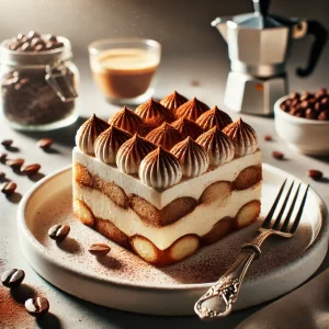 Classic Italian Tiramisu dessert garnished with cocoa powder, served on a plate with coffee beans and espresso in the background.